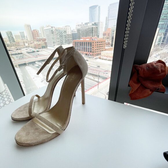 Stuart Weitzman Nudistcurve Suede 100mm Stiletto Sandal Beige Suede Size 10 - Picture 5 of 7